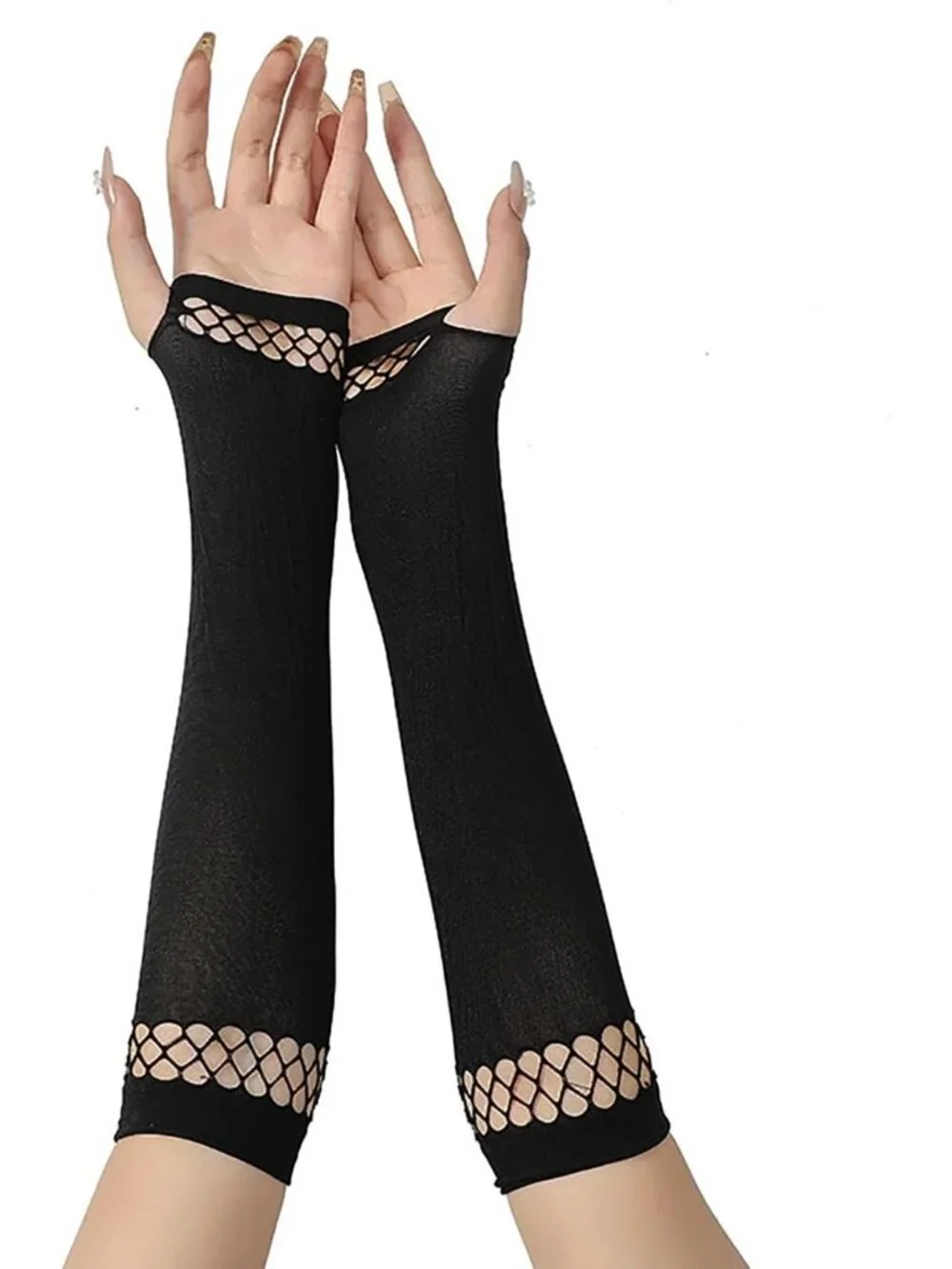 Women's Black Long Solid Arm Warmers Fishnet Mesh Trim Fingerless Gothic Gloves